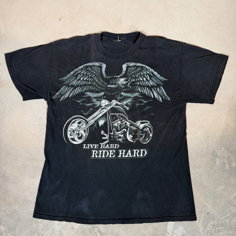 Vintage Live Hard Ride Hard Biker T-Shirt Chopper Eagle Black Graphic Tee L
